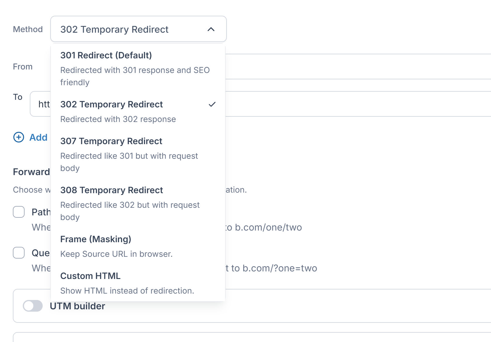 Create redirects dashboard — 301, 302, and wildcard redirect setup