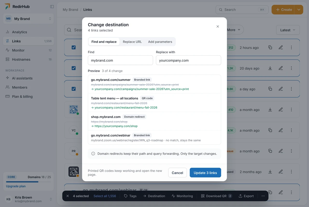 Four selected links with the Change destination preview