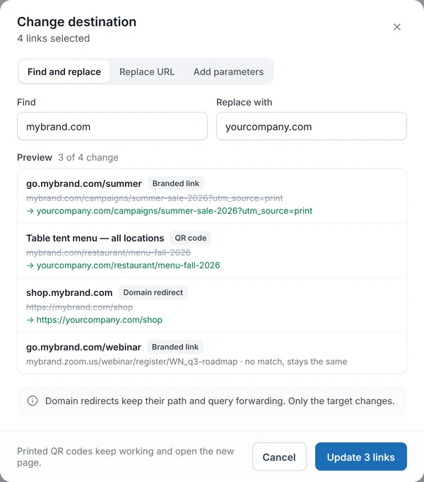 Change destination for four selected links, with the old and new destination of each