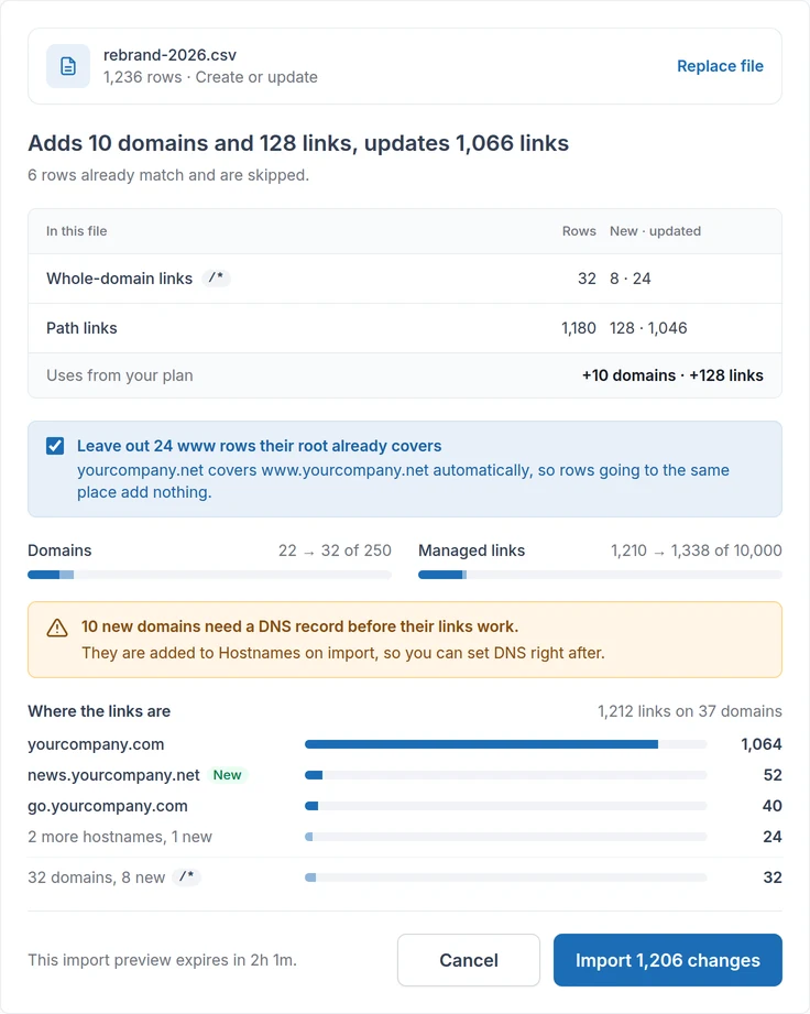 Import review: domains and links added, plan capacity after the import, and where the links are